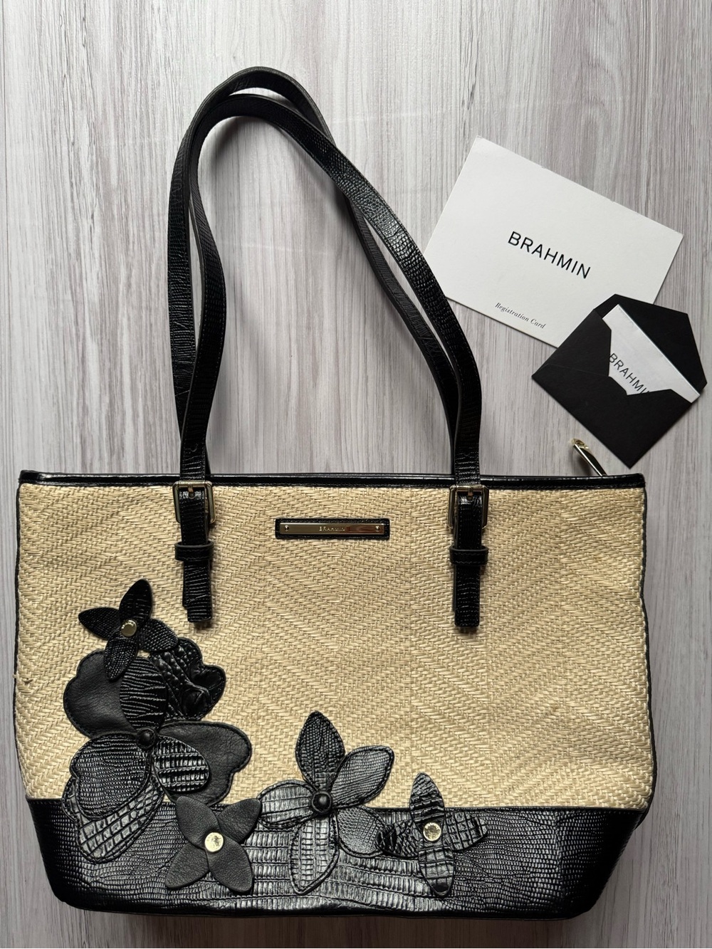 Brahmin Black & Natural Floral Appliqué Straw Tote